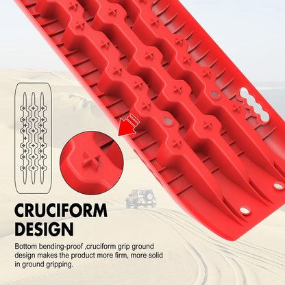 Image showing a set of X-BULL Recovery tracks 10T 2 Pairs/ Sand tracks/ Mud tracks/ Mounting Bolts Pins Gen 2.0 -Red and accessories made from a durable nylon mixture. There are 4 red recovery tracks with U-shape design, two sets of black mounting pins with bolts, black mounting brackets, and black straps. Text in the image reads "4PCS Recovery Tracks" and "2 Sets of Mounting Pins".