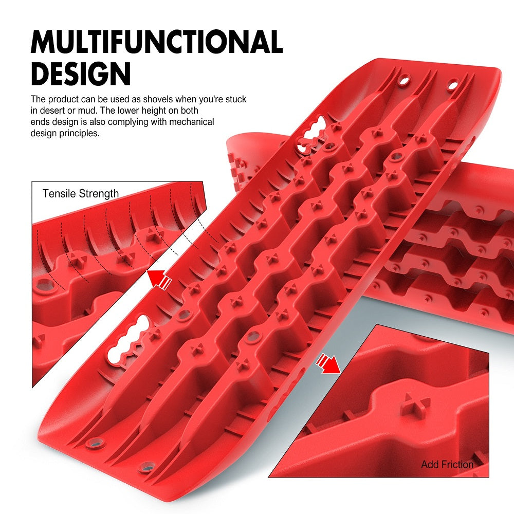 Image showing a set of X-BULL Recovery tracks 10T 2 Pairs/ Sand tracks/ Mud tracks/ Mounting Bolts Pins Gen 2.0 -Red and accessories made from a durable nylon mixture. There are 4 red recovery tracks with U-shape design, two sets of black mounting pins with bolts, black mounting brackets, and black straps. Text in the image reads "4PCS Recovery Tracks" and "2 Sets of Mounting Pins".