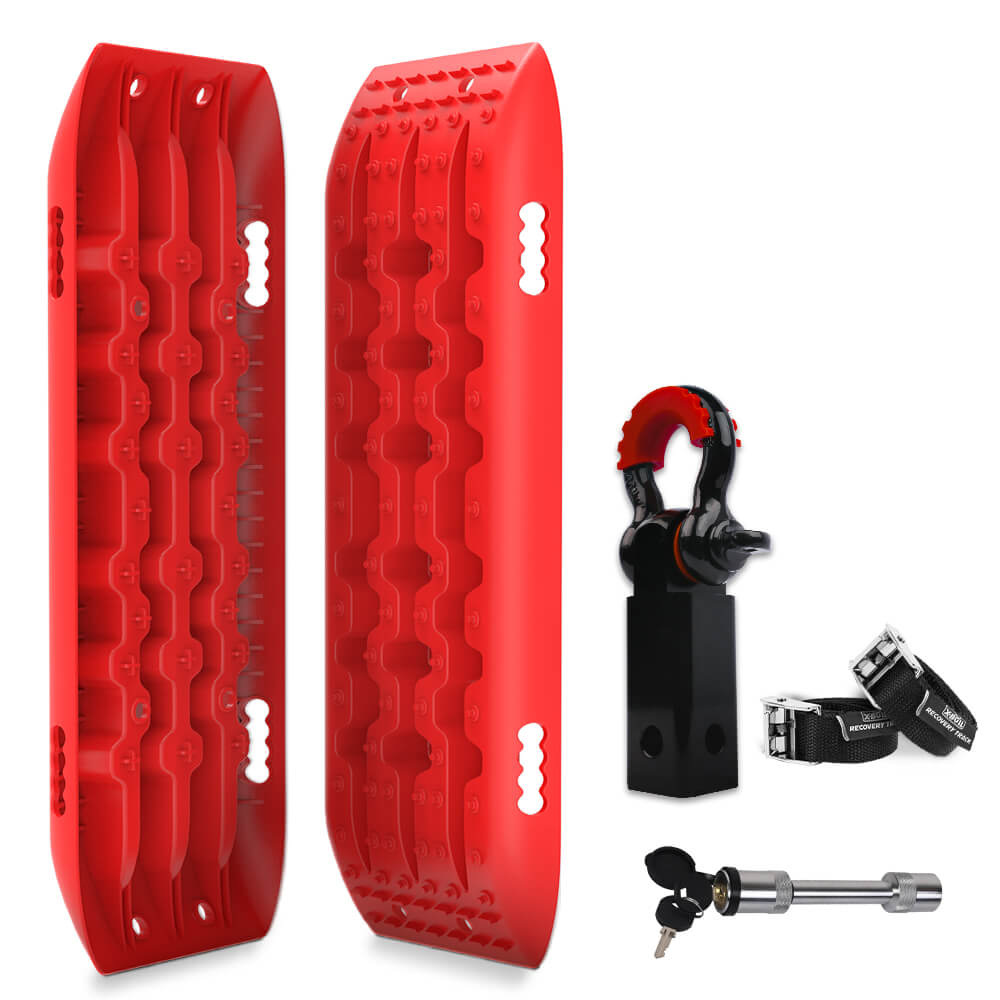 Image shows two X-BULL Hitch Receiver 5T Recovery Receiver With 2PCS Recovery tracks Boards Gen2.0 Red with a textured surface, designed for off-road vehicle traction. The set also includes a mounting bracket, straps, a locking hitch pin, and keys. Made from high strength forged aluminum, the boards feature multiple handles for easy carrying and positioning.