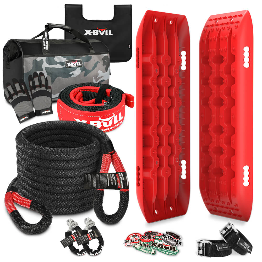 A collection of off-road recovery gear, including red traction boards, a camouflage recovery bag, a recovery strap with impressive breaking strength, heavy-duty gloves, a snatch block, D-ring shackles, and an X-BULL Recovery Kit Kinetic Recovery Rope With 2PCS Recovery Tracks Gen2.0 Red. The items are branded "X-BULL" and displayed against a white background.