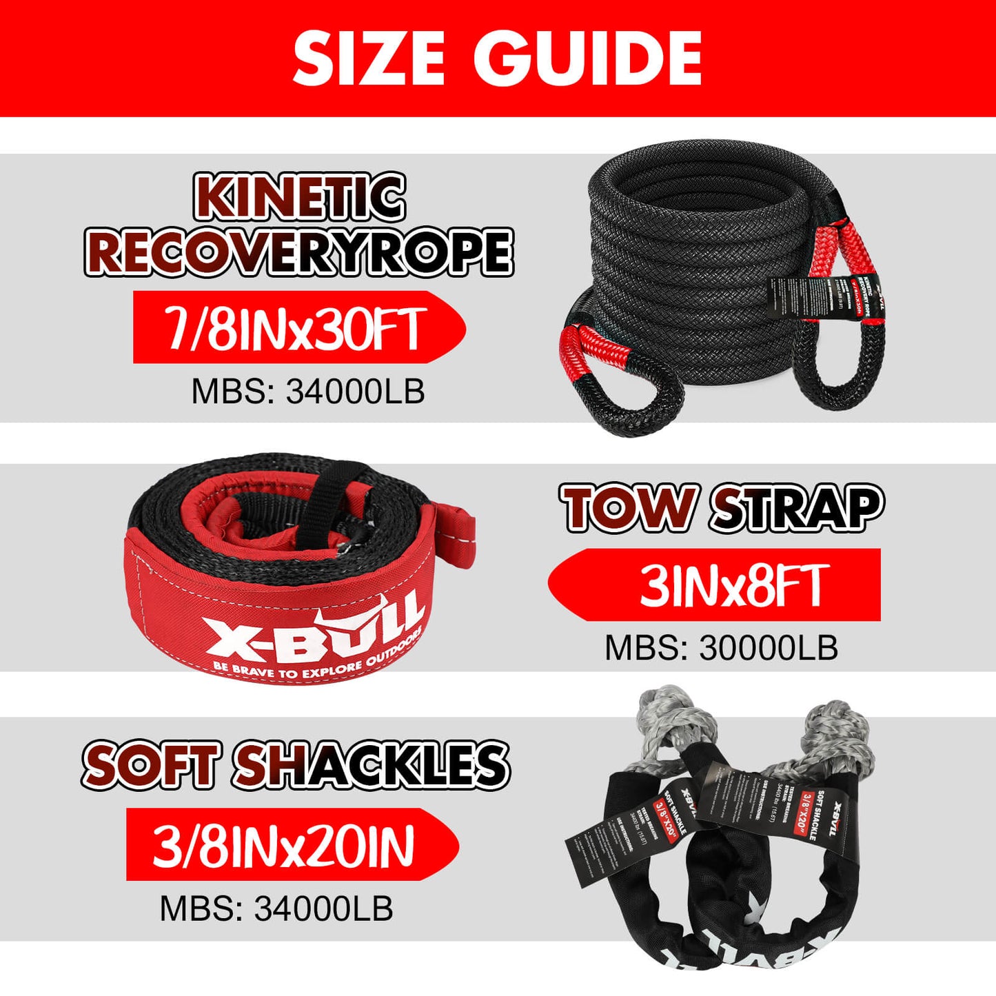 A collection of off-road recovery gear, including red traction boards, a camouflage recovery bag, a recovery strap with impressive breaking strength, heavy-duty gloves, a snatch block, D-ring shackles, and an X-BULL Recovery Kit Kinetic Recovery Rope With 2PCS Recovery Tracks Gen2.0 Red. The items are branded "X-BULL" and displayed against a white background.