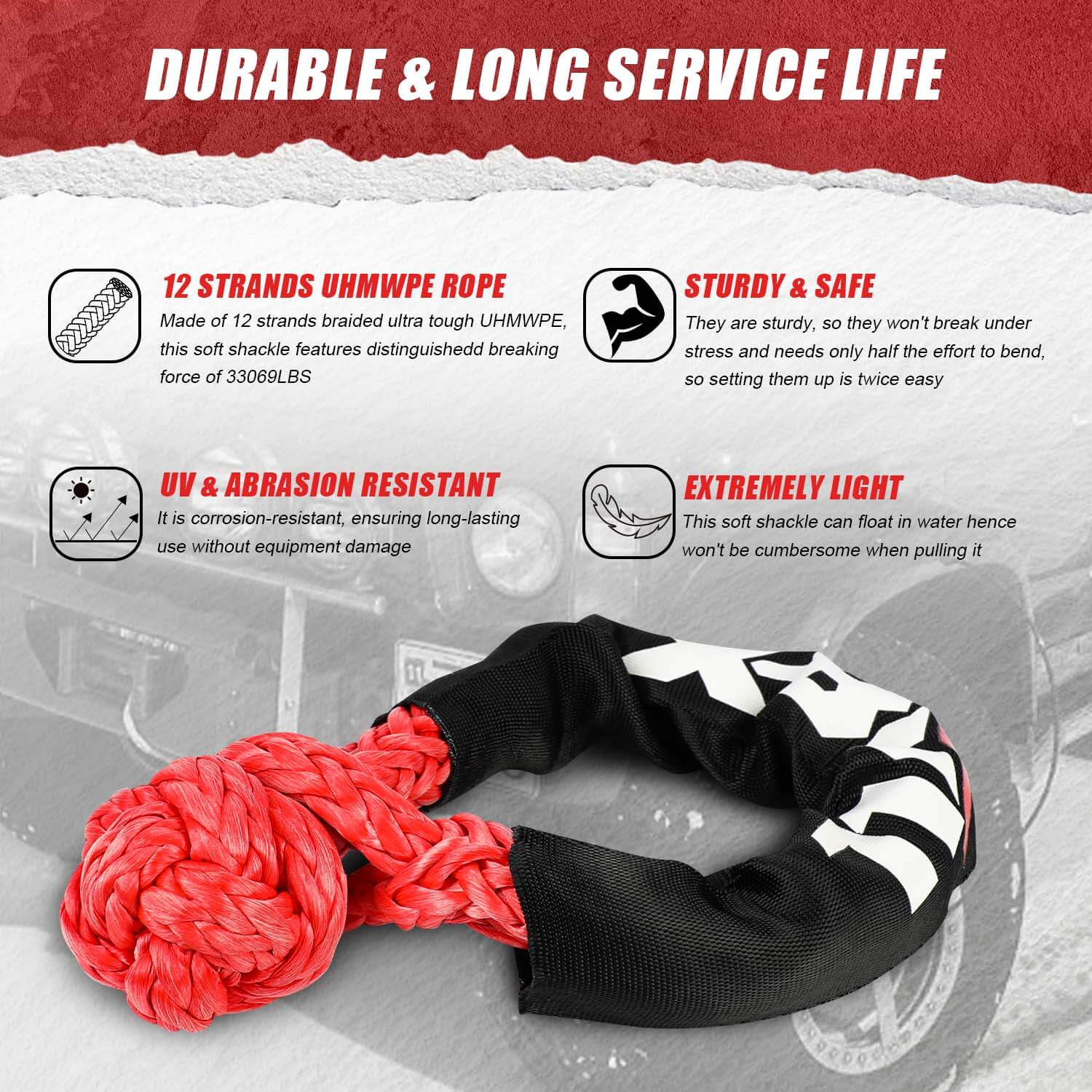 A collection of off-road recovery gear, including red traction boards, a camouflage recovery bag, a recovery strap with impressive breaking strength, heavy-duty gloves, a snatch block, D-ring shackles, and an X-BULL Recovery Kit Kinetic Recovery Rope With 2PCS Recovery Tracks Gen2.0 Red. The items are branded "X-BULL" and displayed against a white background.