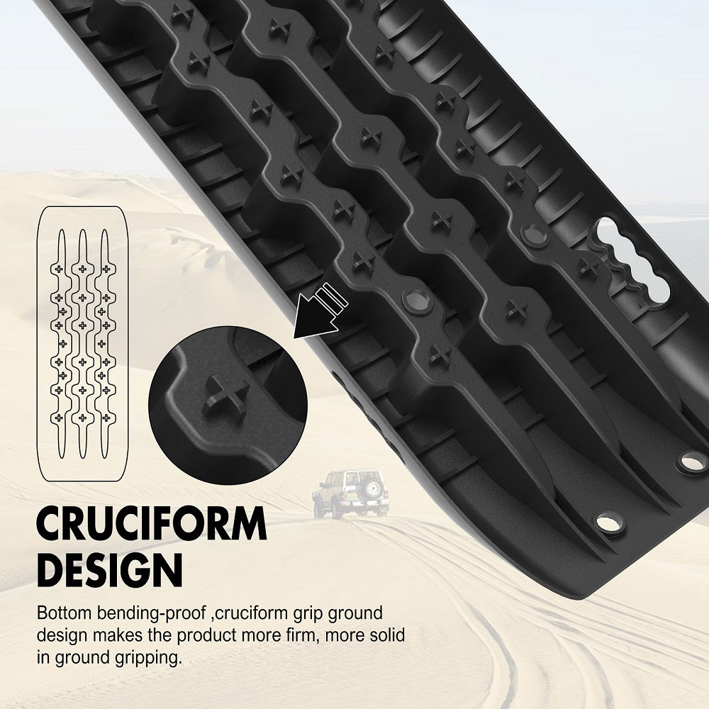 X-BULL KIT1 Recovery track Board Traction Sand trucks strap mounting 4x4 Sand Snow Car BLACK, featuring GEN 2.0 tracks in black with a spiked surface and U-shape design for superior vehicle traction. Made from a durable nylon mixture, the package includes a tow strap, tire deflation kit, and carrying bag. Text reads: 'RECOVERY TRACKS KITS' and 'COME WITH: X-BULL Explore Outdoors.'