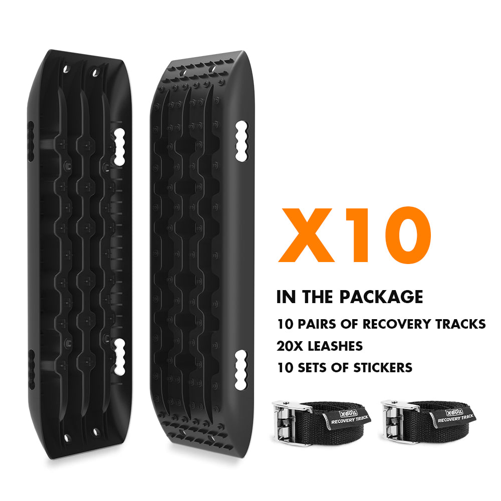 An image shows two black X-BULL 10 Pairs Recovery tracks Boards 4WD 4X4 10T Sand / Mud / Snow Gen 2.0 Black with a package description indicating the contents: 10 pairs of recovery tracks, 20 leashes, and 10 sets of stickers. A close-up view reveals one track's rugged texture made from a durable nylon mixture, highlighting its multifunctional design.