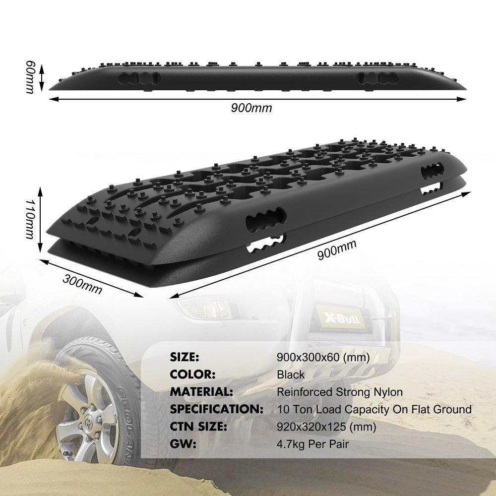 An image shows two black X-BULL 10 Pairs Recovery tracks Boards 4WD 4X4 10T Sand / Mud / Snow Gen 2.0 Black with a package description indicating the contents: 10 pairs of recovery tracks, 20 leashes, and 10 sets of stickers. A close-up view reveals one track's rugged texture made from a durable nylon mixture, highlighting its multifunctional design.