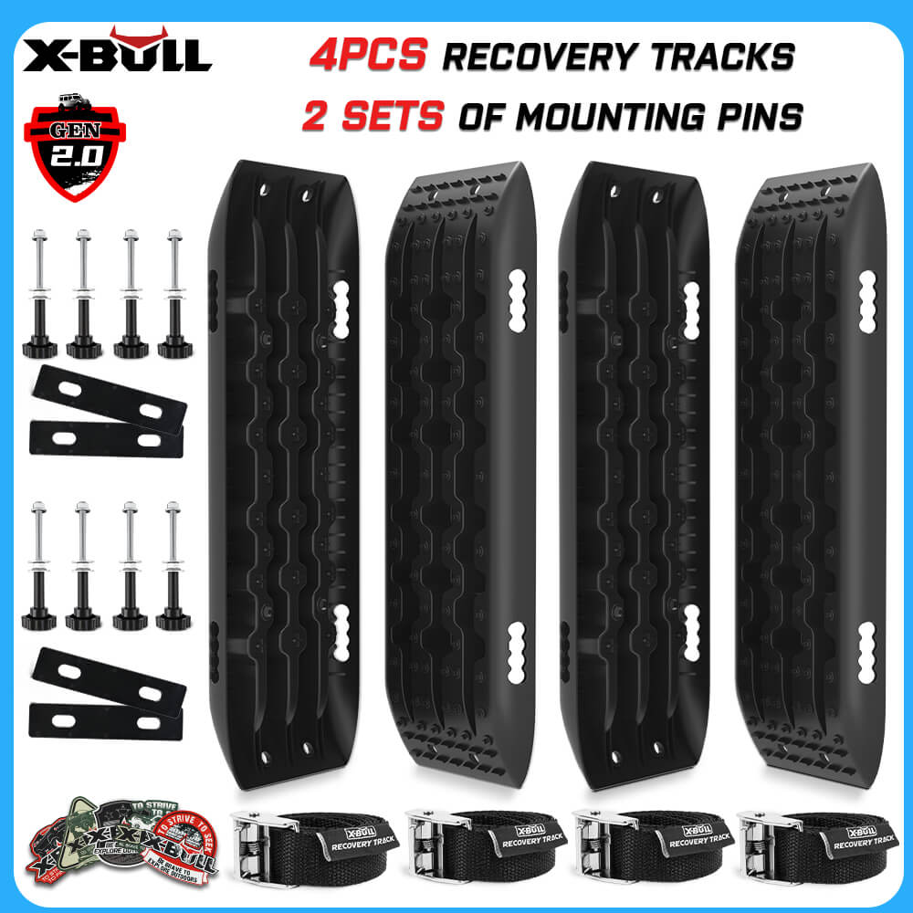 Image of a product set from X-BULL consisting of four black recovery tracks with a durable nylon mixture, two sets of mounting pins, and two pairs of mounting straps. The text indicates "4 PCS Recovery Tracks" and "2 Sets of Mounting Pins." The X-BULL Gen 2.0 logo is displayed in the corner.

Product Name: X-BULL Recovery tracks Boards 10T 2 Pairs/ Sand / Mud / Snow Mounting Bolts Pins Gen 2.0 -Black