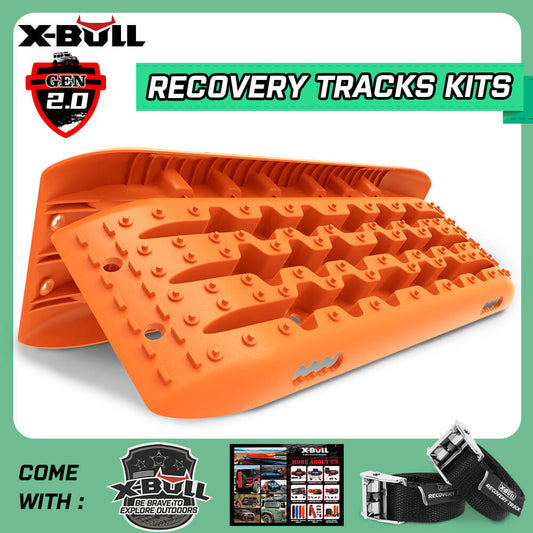 Promotional image for X-BULL KIT1 Recovery track Board Traction Sand trucks strap mounting 4x4 Sand Snow Car. The image shows a pair of orange recovery tracks with grip nodes, made from a durable nylon mixture, accompanied by a carrying bag, several accessories, and the X-BULL logo. Text reads: "RECOVERY TRACKS KITS" and "COME WITH: X-BULL EXPLORER OUTDOORS.