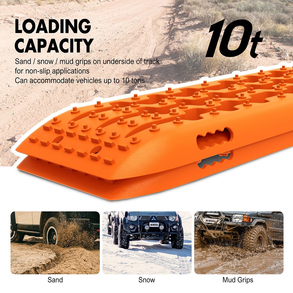 Promotional image for X-BULL KIT1 Recovery track Board Traction Sand trucks strap mounting 4x4 Sand Snow Car. The image shows a pair of orange recovery tracks with grip nodes, made from a durable nylon mixture, accompanied by a carrying bag, several accessories, and the X-BULL logo. Text reads: "RECOVERY TRACKS KITS" and "COME WITH: X-BULL EXPLORER OUTDOORS.