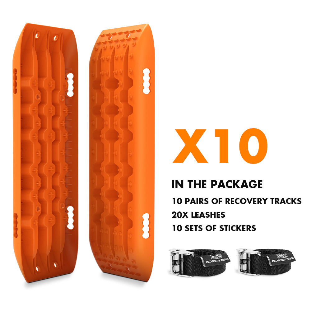 An image showcasing orange recovery tracks with a multifunctional design. The text reads "X-BULL 10 Pairs of Recovery tracks Boards Traction 10T Sand tracks/ Mud /Snow Gen 2.0 IN THE PACKAGE" and lists 10 pairs of recovery tracks made from durable nylon material, 20x leashes, and 10 sets of stickers. Two black straps with buckles are displayed at the bottom.