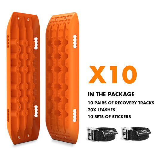 An image showcasing orange recovery tracks with a multifunctional design. The text reads "X-BULL 10 Pairs of Recovery tracks Boards Traction 10T Sand tracks/ Mud /Snow Gen 2.0 IN THE PACKAGE" and lists 10 pairs of recovery tracks made from durable nylon material, 20x leashes, and 10 sets of stickers. Two black straps with buckles are displayed at the bottom.