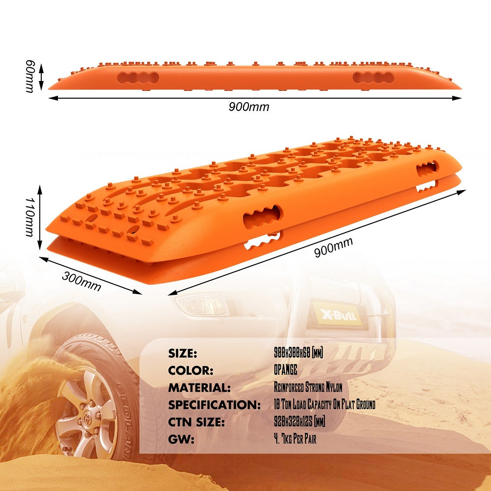 An image showcasing orange recovery tracks with a multifunctional design. The text reads "X-BULL 10 Pairs of Recovery tracks Boards Traction 10T Sand tracks/ Mud /Snow Gen 2.0 IN THE PACKAGE" and lists 10 pairs of recovery tracks made from durable nylon material, 20x leashes, and 10 sets of stickers. Two black straps with buckles are displayed at the bottom.