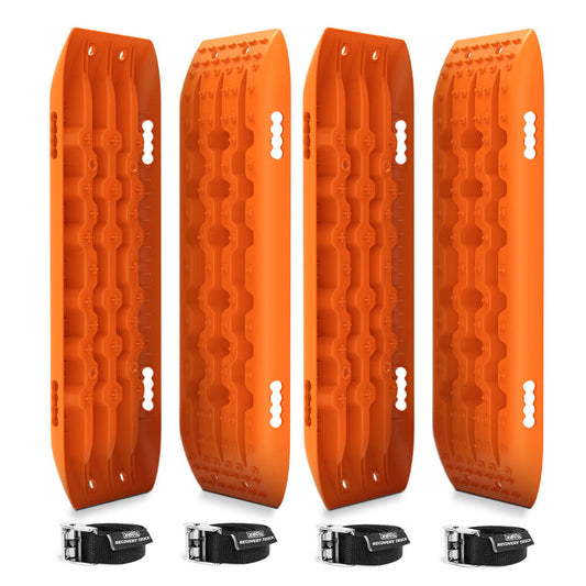 Four bright orange X-BULL Recovery Tracks Gen 2.0 10T Sand Mud Snow 2 Pairs Offroad 4WD 4x4 2PC 91CM designed for off-road vehicle recovery. Each has a textured surface with raised patterns and handles on the sides for non-slip applications. Accompanying them are black storage straps made of durable nylon material, with silver buckles, coiled next to the boards.