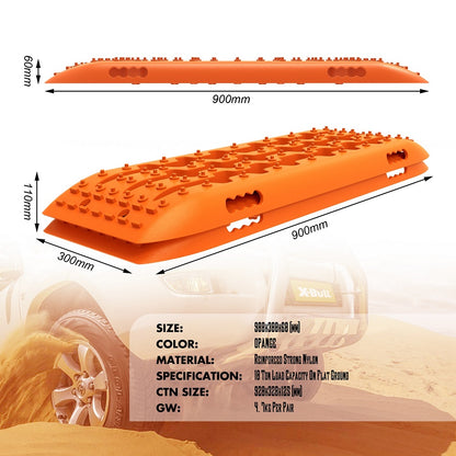 The image displays a recovery tracks set by X-BULL 4WD Recovery tracks 10T 2 Pairs/ Sand tracks/ Mud tracks/ Mounting Bolts Pins Gen 2.0, featuring four bright orange recovery tracks made from a durable nylon mixture and two sets of mounting pins. Also shown are related accessories such as bolts, washers, mounting brackets, and securing straps. The text highlights "4PCS Recovery Tracks" and "2 Sets of Mounting Pins.