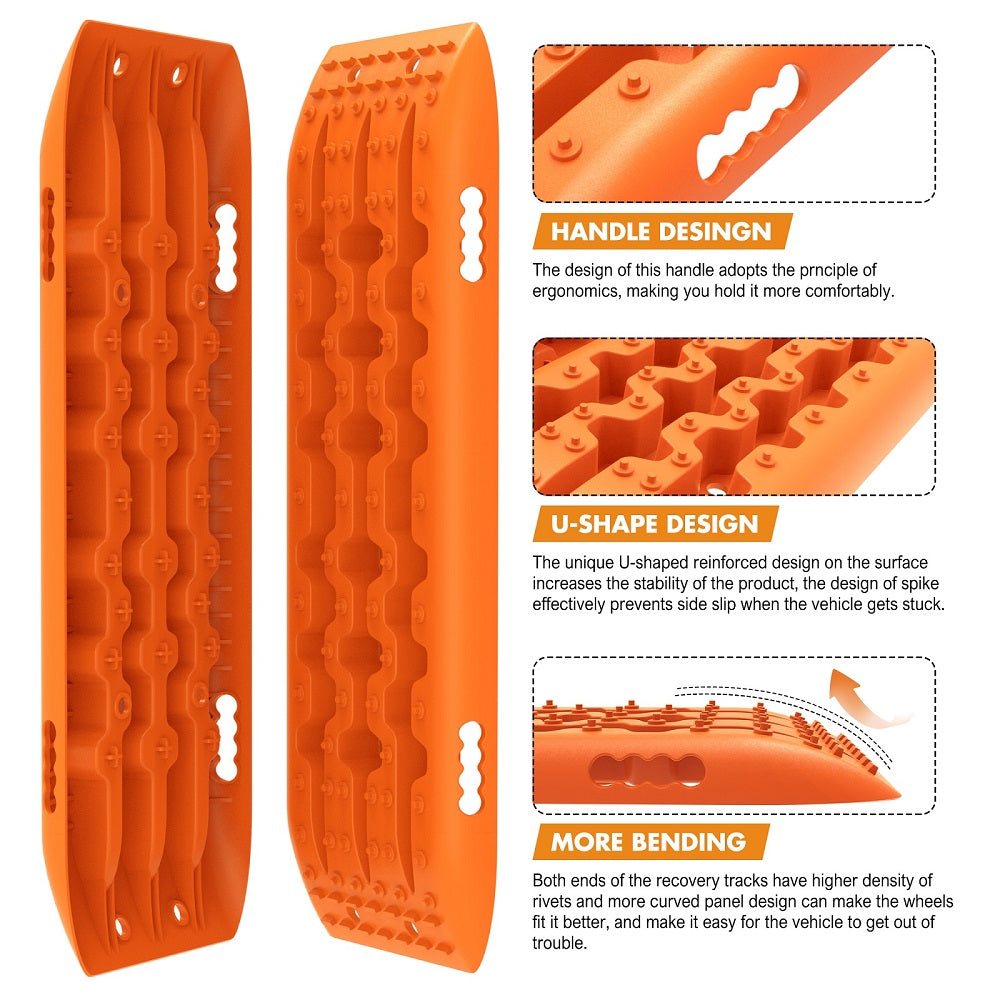 The image displays a recovery tracks set by X-BULL 4WD Recovery tracks 10T 2 Pairs/ Sand tracks/ Mud tracks/ Mounting Bolts Pins Gen 2.0, featuring four bright orange recovery tracks made from a durable nylon mixture and two sets of mounting pins. Also shown are related accessories such as bolts, washers, mounting brackets, and securing straps. The text highlights "4PCS Recovery Tracks" and "2 Sets of Mounting Pins.