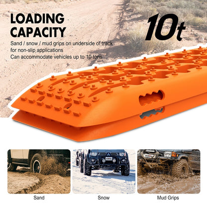 The image displays a recovery tracks set by X-BULL 4WD Recovery tracks 10T 2 Pairs/ Sand tracks/ Mud tracks/ Mounting Bolts Pins Gen 2.0, featuring four bright orange recovery tracks made from a durable nylon mixture and two sets of mounting pins. Also shown are related accessories such as bolts, washers, mounting brackets, and securing straps. The text highlights "4PCS Recovery Tracks" and "2 Sets of Mounting Pins.