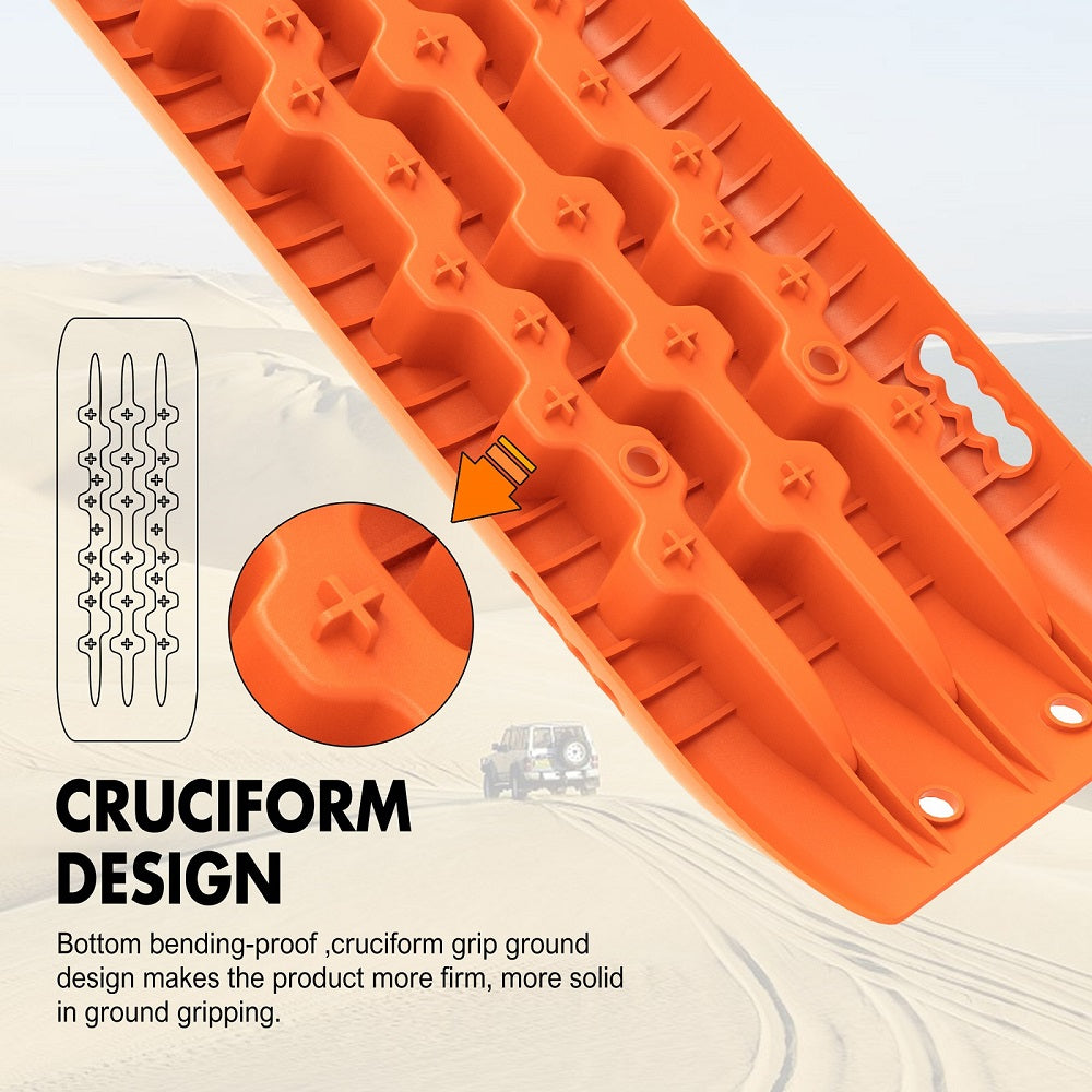 The image displays a recovery tracks set by X-BULL 4WD Recovery tracks 10T 2 Pairs/ Sand tracks/ Mud tracks/ Mounting Bolts Pins Gen 2.0, featuring four bright orange recovery tracks made from a durable nylon mixture and two sets of mounting pins. Also shown are related accessories such as bolts, washers, mounting brackets, and securing straps. The text highlights "4PCS Recovery Tracks" and "2 Sets of Mounting Pins.