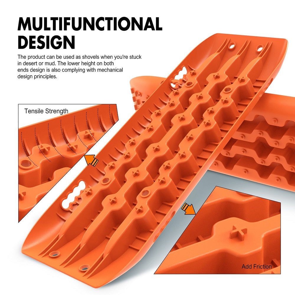 The image displays a recovery tracks set by X-BULL 4WD Recovery tracks 10T 2 Pairs/ Sand tracks/ Mud tracks/ Mounting Bolts Pins Gen 2.0, featuring four bright orange recovery tracks made from a durable nylon mixture and two sets of mounting pins. Also shown are related accessories such as bolts, washers, mounting brackets, and securing straps. The text highlights "4PCS Recovery Tracks" and "2 Sets of Mounting Pins.