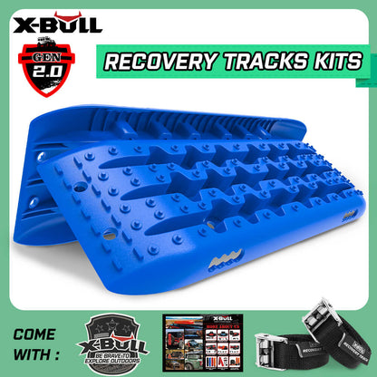 Image of X-BULL KIT1 Recovery track Board Traction Sand trucks strap mounting 4x4 Sand Snow Car BLUE. The product includes bright blue recovery tracks made from a durable nylon mixture with raised traction patterns, a carrying bag, and black recovery straps. Text overlay reads "RECOVERY TRACKS KITS" and "COME WITH:," followed by product images and the X-BULL logo.