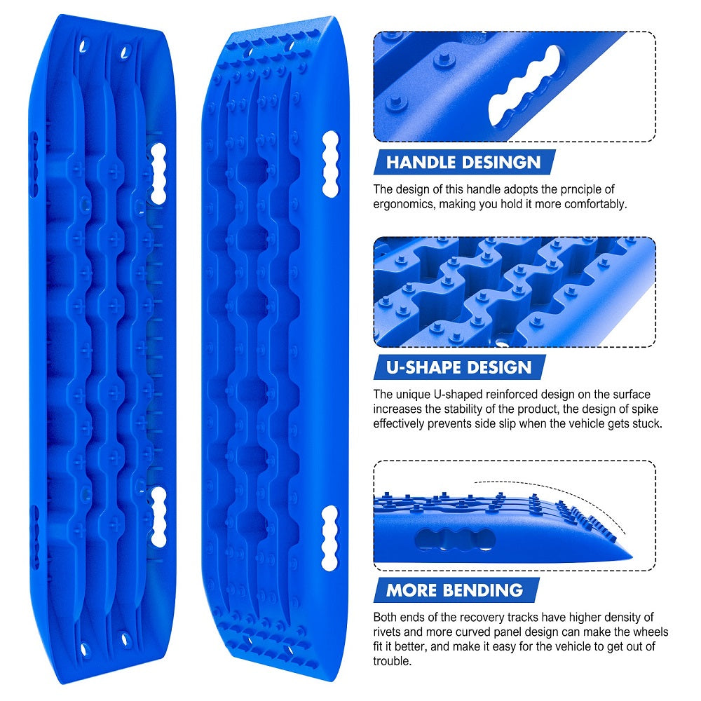 Image of X-BULL KIT1 Recovery track Board Traction Sand trucks strap mounting 4x4 Sand Snow Car BLUE. The product includes bright blue recovery tracks made from a durable nylon mixture with raised traction patterns, a carrying bag, and black recovery straps. Text overlay reads "RECOVERY TRACKS KITS" and "COME WITH:," followed by product images and the X-BULL logo.