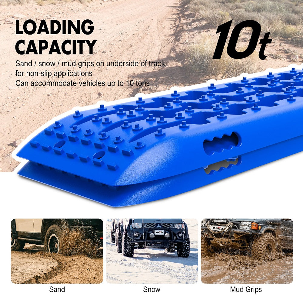 Image of X-BULL KIT1 Recovery track Board Traction Sand trucks strap mounting 4x4 Sand Snow Car BLUE. The product includes bright blue recovery tracks made from a durable nylon mixture with raised traction patterns, a carrying bag, and black recovery straps. Text overlay reads "RECOVERY TRACKS KITS" and "COME WITH:," followed by product images and the X-BULL logo.