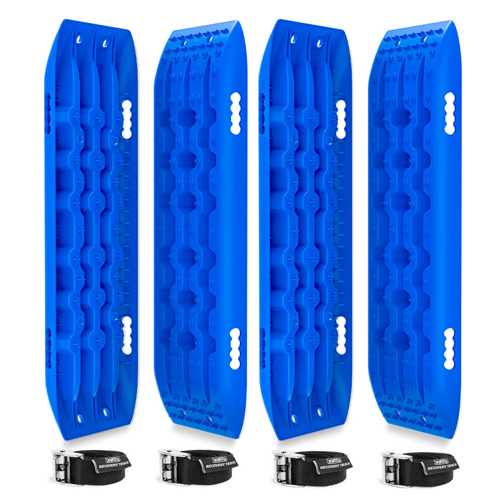 Four X-BULL Recovery Tracks Gen 2.0 10T Sand Mud Snow 2 Pairs Offroad 4WD 4x4 2PC 91CM Blue are standing upright. Each has a textured surface with multiple grooves and holes for grip, designed for off-road vehicle recovery. The U-shape design enhances stability. At the bottom of the image, there are two black straps with buckles used to secure these recovery tracks.