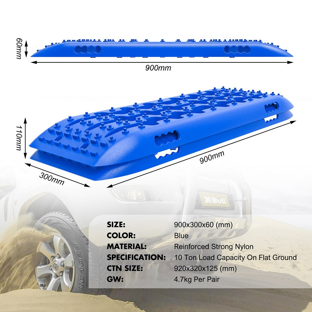 Four X-BULL Recovery Tracks Gen 2.0 10T Sand Mud Snow 2 Pairs Offroad 4WD 4x4 2PC 91CM Blue are standing upright. Each has a textured surface with multiple grooves and holes for grip, designed for off-road vehicle recovery. The U-shape design enhances stability. At the bottom of the image, there are two black straps with buckles used to secure these recovery tracks.