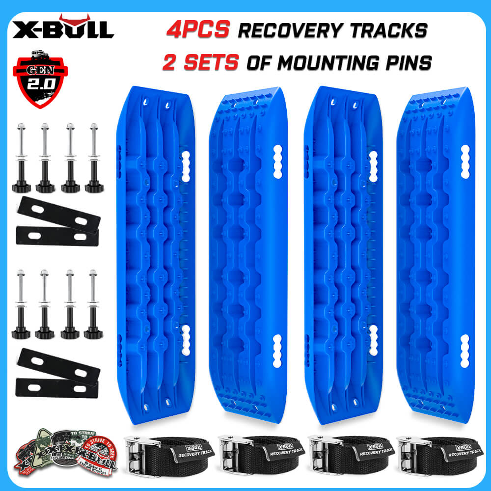 Image showing a set of off-road recovery gear by X-BULL. Includes 4 blue recovery tracks featuring a durable Nylon Mixture with U-shape design, 2 sets of mounting pins, and additional accessories. Product text highlights 'X-BULL 4X4 Recovery tracks 10T 2 Pairs/ Sand tracks/ Mud tracks/ Mounting Bolts Pins Gen 2.0 -Blue' with 'GEN 2.0' emblem on the top left corner.