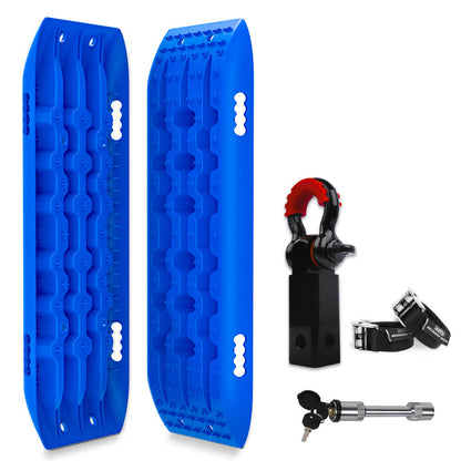 The image shows a set of X-BULL Hitch Receiver 5T Recovery Receiver With 2PCS Recovery tracks Boards Gen2.0 Blue designed for vehicle off-road recovery, along with a pair of black straps, a black mounting bracket with a red and black clamp, and a silver hitch pin lock with keys. Additionally, there’s a high strength forged aluminum recovery hitch rated for maximum durability.