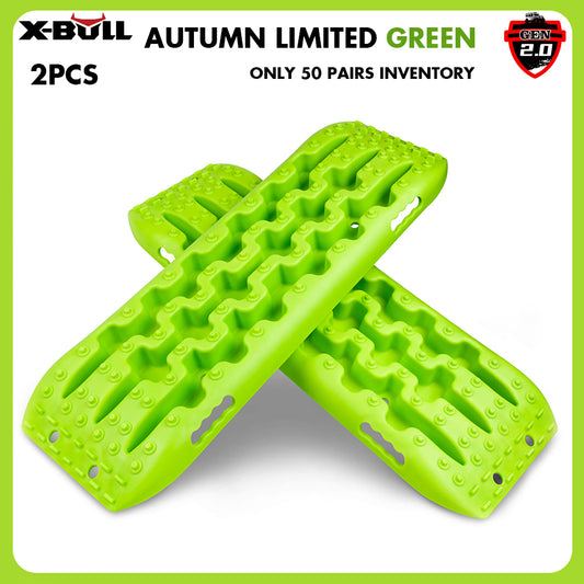 Two bright green X-BULL Recovery Tracks Boards 10T 2PCS Truck Snow Mud 4WD Offroad Gen2.0 91cm Green with a rugged surface are shown. Text on the image reads "AUTUMN LIMITED GREEN" and "ONLY 50 PAIRS INVENTORY." "X-BULL 2PCS" and "GEN 2.0" logos are also visible, highlighting the durable nylon mixture and innovative U-shape design.