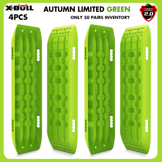 Image showing four green **X-BULL Recovery Tracks Boards 10T 4PCS 2Pairs Truck Snow Mud 4WD Offroad Gen2.0 91cm Green**, part of the "Autumn Limited Green" edition with only 50 pairs available. These recovery tracks feature a U-shape design and are made from a durable nylon mixture, offering a rugged texture for vehicle recovery in challenging terrain.