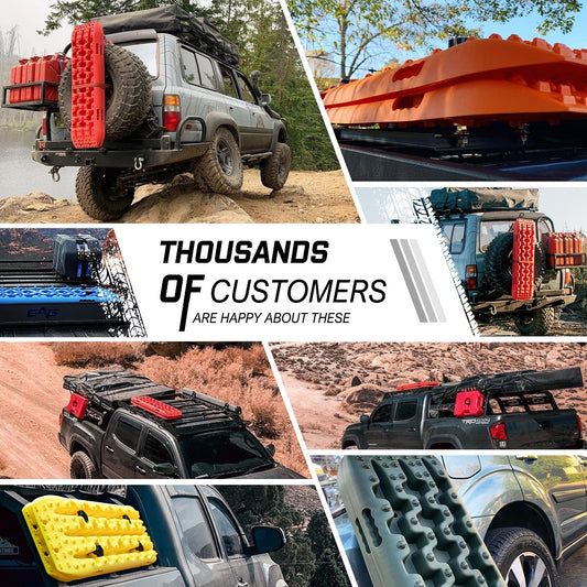 Collage of off-road vehicles in various terrains with different models of recovery tracks. Text in the center reads, "THOUSANDS OF CUSTOMERS ARE HAPPY ABOUT THESE." The images show vehicles equipped with X-BULL Recovery Tracks Boards 10T 2 Pairs Sand Mud Snow With Mounting Bolts Pins Red in orange, red, and yellow.