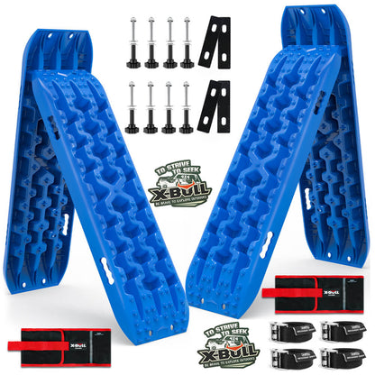 A blue X-BULL Recovery tracks Boards 10T 2 Pairs Sand Mud Snow With Mounting Bolts pins Blue with dimensions labeled. Its length is 1060 mm, width is 300 mm, and thickness is 55 mm. Made from durable nylon material, the surface features cleats for traction. Close-ups show specific areas: 102 mm and 130 mm. These recovery tracks are essential for getting vehicles unstuck on challenging terrains.