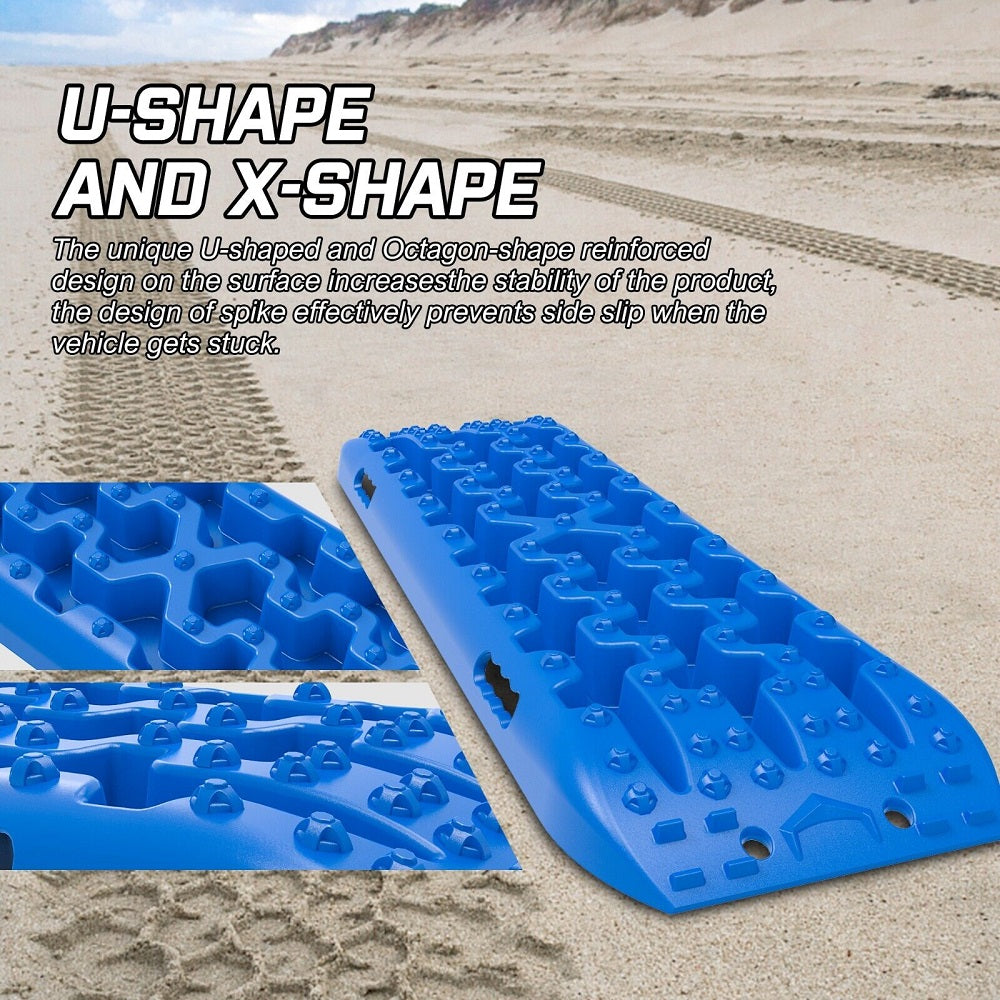 A blue X-BULL Recovery tracks Boards 10T 2 Pairs Sand Mud Snow With Mounting Bolts pins Blue with dimensions labeled. Its length is 1060 mm, width is 300 mm, and thickness is 55 mm. Made from durable nylon material, the surface features cleats for traction. Close-ups show specific areas: 102 mm and 130 mm. These recovery tracks are essential for getting vehicles unstuck on challenging terrains.