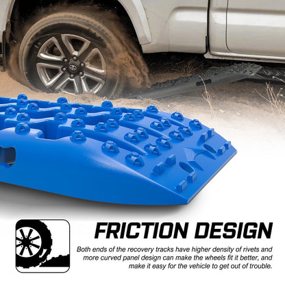 A blue X-BULL Recovery tracks Boards 10T 2 Pairs Sand Mud Snow With Mounting Bolts pins Blue with dimensions labeled. Its length is 1060 mm, width is 300 mm, and thickness is 55 mm. Made from durable nylon material, the surface features cleats for traction. Close-ups show specific areas: 102 mm and 130 mm. These recovery tracks are essential for getting vehicles unstuck on challenging terrains.