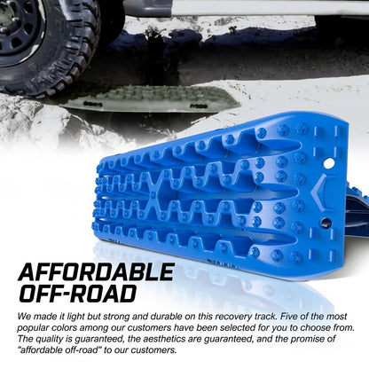 A blue X-BULL Recovery tracks Boards 10T 2 Pairs Sand Mud Snow With Mounting Bolts pins Blue with dimensions labeled. Its length is 1060 mm, width is 300 mm, and thickness is 55 mm. Made from durable nylon material, the surface features cleats for traction. Close-ups show specific areas: 102 mm and 130 mm. These recovery tracks are essential for getting vehicles unstuck on challenging terrains.