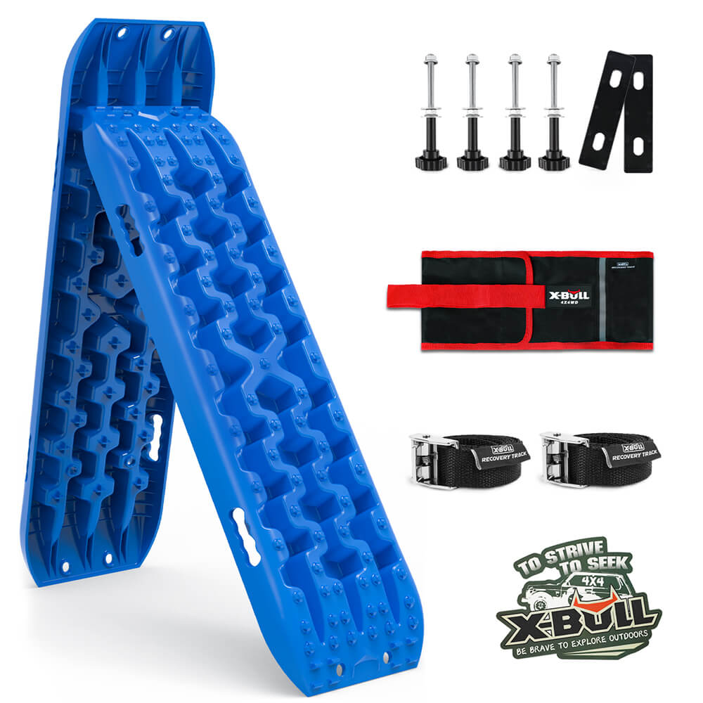 The image shows three views of a blue X-BULL 2PCS Recovery Boards Tracks Snow Tracks Mud tracks 4WD With 4PC mounting bolts Blue for vehicle recovery. From left to right, it includes side, end-on, and top views of the recovery tracks. Key dimensions are labeled: 1060 mm length, 300 mm width, and 55 mm, 102 mm, 110 mm, 600 mm, and 130 mm.