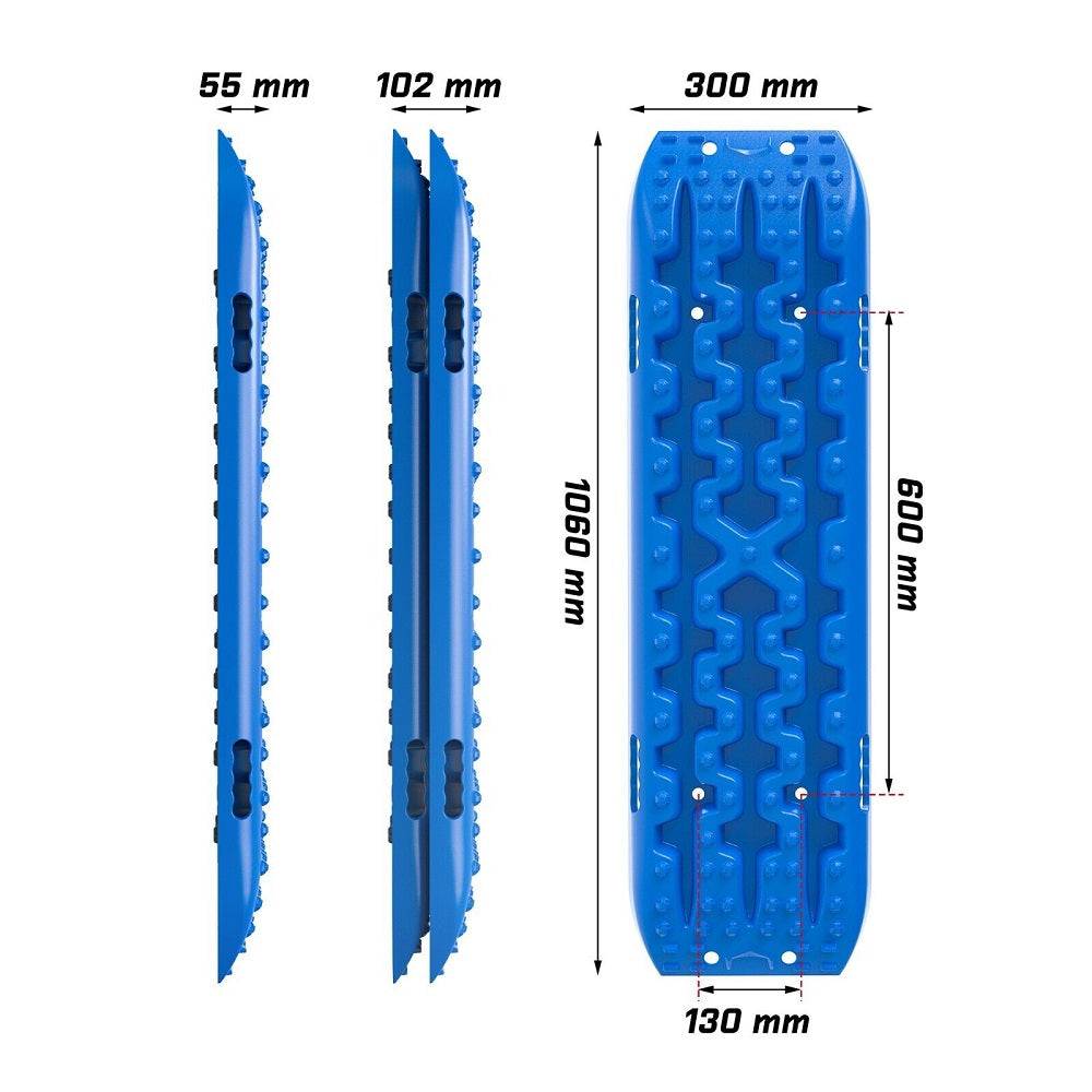 The image shows three views of a blue X-BULL 2PCS Recovery Boards Tracks Snow Tracks Mud tracks 4WD With 4PC mounting bolts Blue for vehicle recovery. From left to right, it includes side, end-on, and top views of the recovery tracks. Key dimensions are labeled: 1060 mm length, 300 mm width, and 55 mm, 102 mm, 110 mm, 600 mm, and 130 mm.