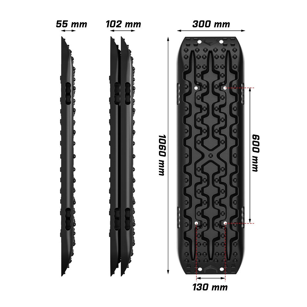 Collage of vehicles using X-BULL Recovery tracks Boards 10T 2 Pairs Sand Mud Snow With Mounting Bolts pins Black to prevent wheel spinning in challenging conditions. Top image shows a close-up of a tire on a red mat in water. Bottom images display tires on sand, snow, mud, and ice. Text: "Our nylon-material recovery tracks prevent your vehicle's tires from spinning when stuck in snow, mud, sand, or ice!