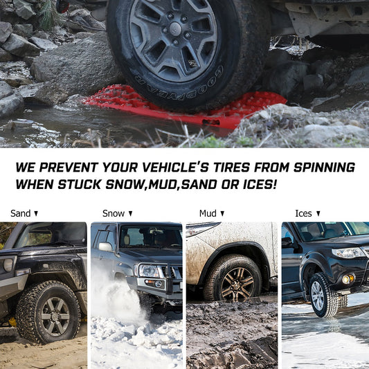 A vehicle uses X-BULL 2PCS Recovery Tracks Boards Snow Tracks Mud tracks 4WD With 4PC mounting bolts Black made of durable nylon material to get unstuck from rocky, muddy terrain. Below, four smaller images show cars navigating sand, snow, mud, and ice. Text reads, "We prevent your vehicle's tires from spinning when stuck in snow, mud, sand, or ice with XBULL Recovery Tracks!