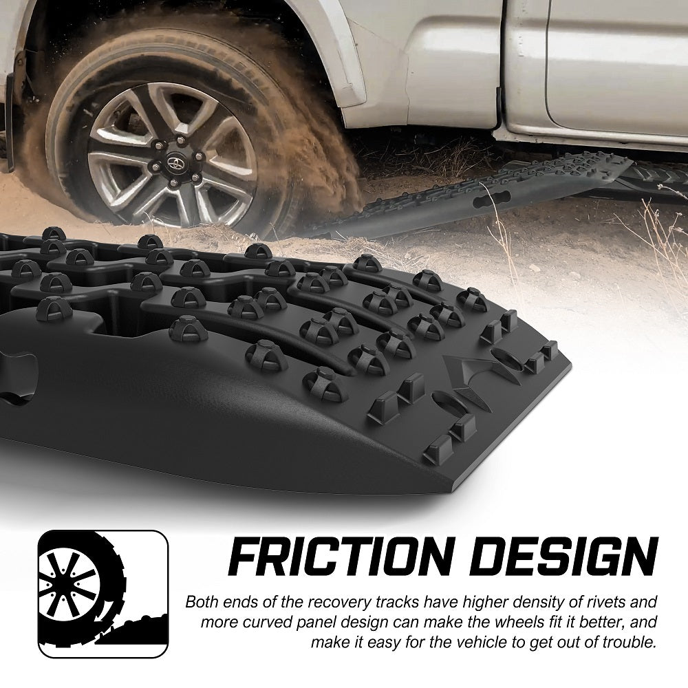 A vehicle uses X-BULL 2PCS Recovery Tracks Boards Snow Tracks Mud tracks 4WD With 4PC mounting bolts Black made of durable nylon material to get unstuck from rocky, muddy terrain. Below, four smaller images show cars navigating sand, snow, mud, and ice. Text reads, "We prevent your vehicle's tires from spinning when stuck in snow, mud, sand, or ice with XBULL Recovery Tracks!