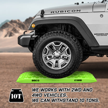 A collage of off-road vehicles equipped with X-BULL Recovery tracks Boards 10T 2 Pairs Sand Mud Snow With Mounting Bolts pins Green for traction assistance. Central text reads, "THOUSANDS OF CUSTOMERS ARE HAPPY ABOUT THESE," surrounded by images showcasing different models and colors, highlighting the robust Nylon material and U-shape design in action on diverse terrains.