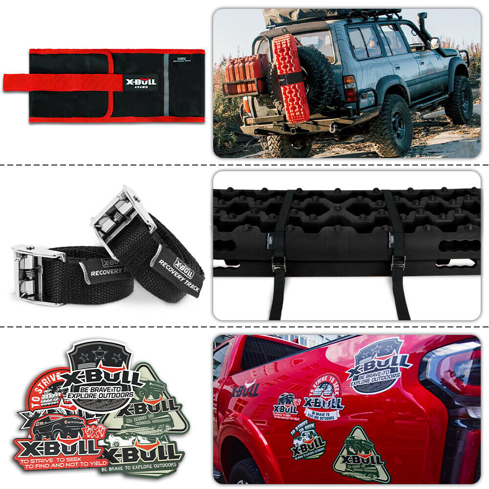 A pair of red X-BULL KIT2 Recovery tracks 6pcs Board Traction Sand trucks strap mounting 4x4 Sand Snow Car red with a rugged, studded design are shown. Crafted from durable nylon material, they come with four X-Bull stickers, a black carrying case, and two black recovery straps with metal buckles.