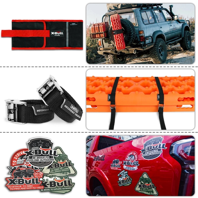 X-BULL KIT2 Recovery tracks 6pcs Board Traction Sand trucks strap mounting 4x4 Sand Snow Car with a textured, studded surface are shown. The boards, showcasing a multifunctional design, are positioned in an interlocking manner. Accompanying them are a black carrying bag with a red strap, two black recovery straps made of durable nylon material, and three X-BULL logos.