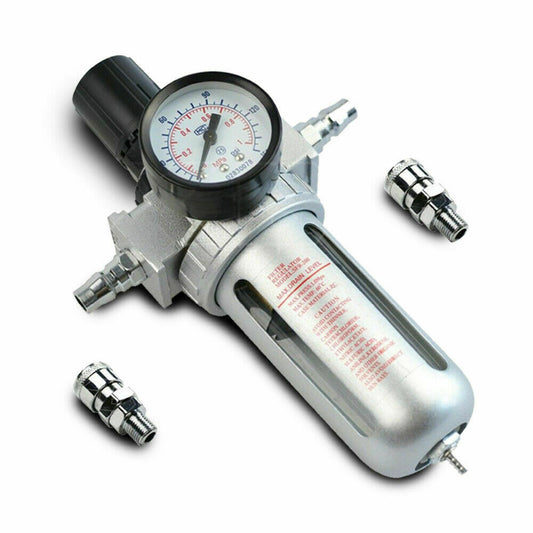 An **X-BULLAir Compressor Oil Moisture Water Filter Regulator Separator Mount fitting** with a black-rimmed gauge showing pressure up to 160 PSI is displayed. The silver, cylindrical regulator includes an input and output port. Alongside, two metal fittings lie, complemented by a built-in moisture water trap for efficiency in your air compressor system.