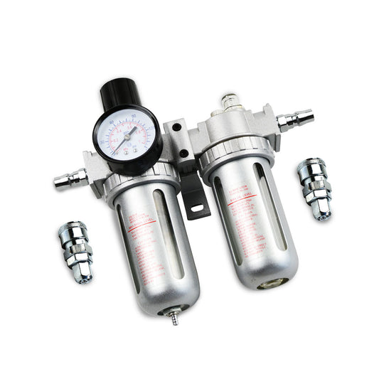 A X-BULL Air Compressor Moisture Filter Water Trap Filter Regulator Mount Fitting with a pressure gauge in the center. The two silver filters feature transparent sections displaying red measurements and an integrated moisture trap. The unit is equipped with connectors and includes additional fittings on either side.