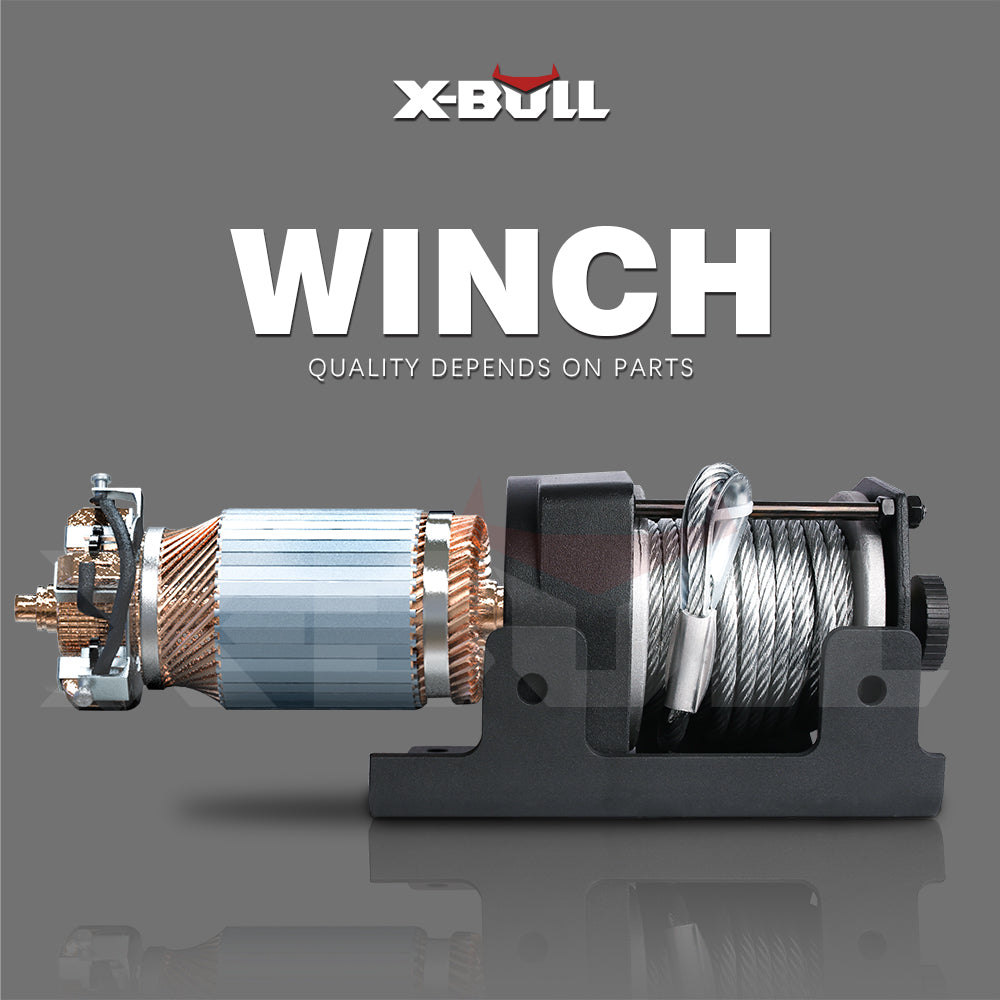 Image of a X-BULL Electric Winch 3000LBS Steel Wire Cable 12V Boat ATV 4WD Winch Trailer 10 Units with various components. Clockwise from top left: Mounting plate, heavy-duty hook, manual remote control, wireless remote control, protective cap/bolt set, controller, solenoid cables and relays, and the central X-BULL winch unit labeled "3000 LBS".