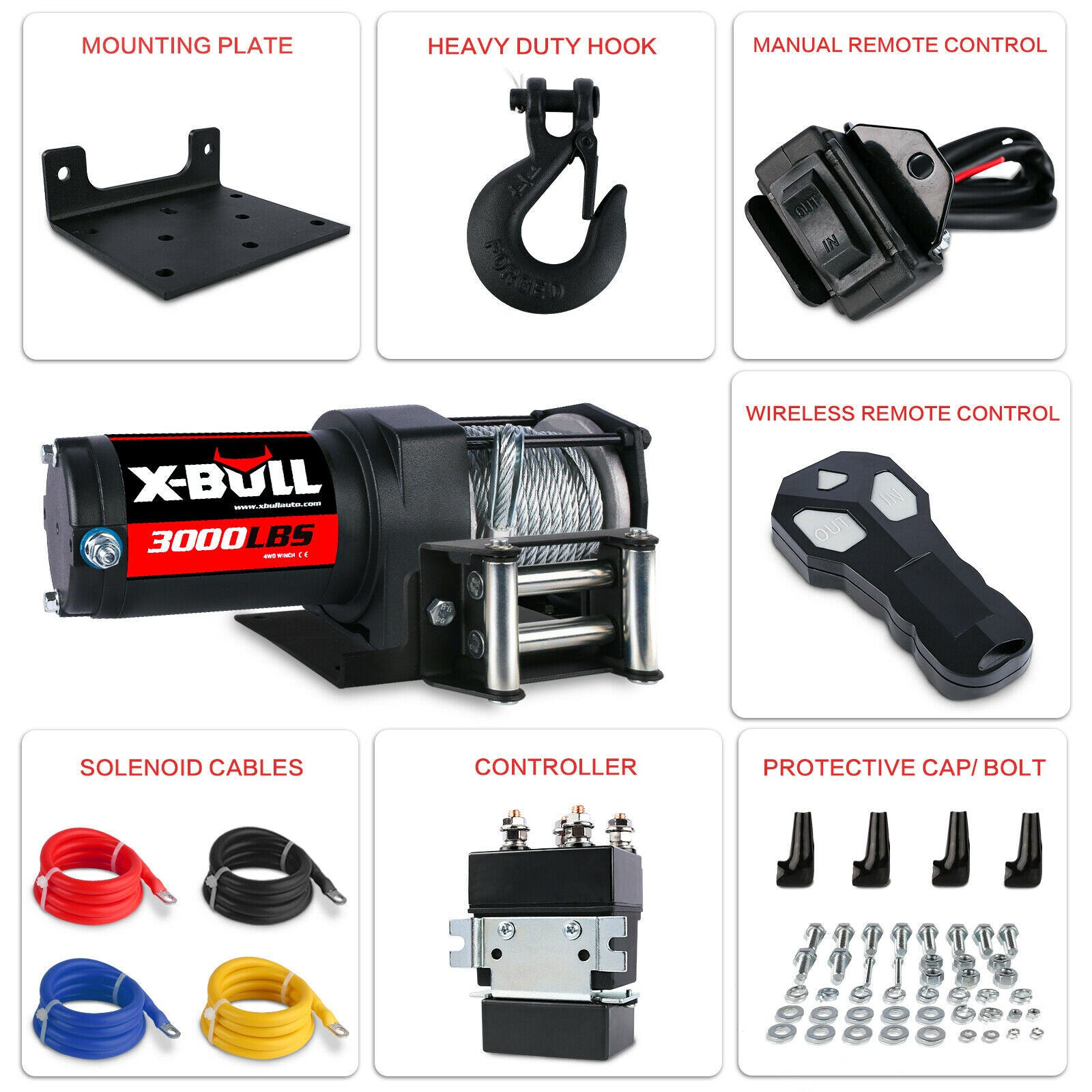 Grid layout of components for a winch setup, featuring a mounting plate, heavy-duty hook, ergonomic clutches, manual remote control, wireless remote control, solenoid cables, controller, protective cap/bolts, and a high-efficiency X-BULL Electric Winch 3000lbs Steel Wire Cable 12V Boat ATV UTV Winch Trailer 2 Units.