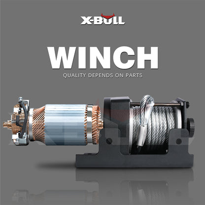 Grid layout of components for a winch setup, featuring a mounting plate, heavy-duty hook, ergonomic clutches, manual remote control, wireless remote control, solenoid cables, controller, protective cap/bolts, and a high-efficiency X-BULL Electric Winch 3000lbs Steel Wire Cable 12V Boat ATV UTV Winch Trailer 2 Units.