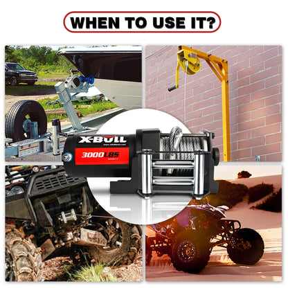 Image displaying a vehicle winch kit comprising various components. Items include a mounting plate, a heavy-duty hook, manual remote control, wireless remote control, solenoid cables in multiple colors, a controller, and protective cap/bolts. This high-efficiency winch is labeled "X-BULL Electric Winch 3000LBS 12V Steel Cable Wireless Remote ATV UTV 4WD BOAT 20 Units".