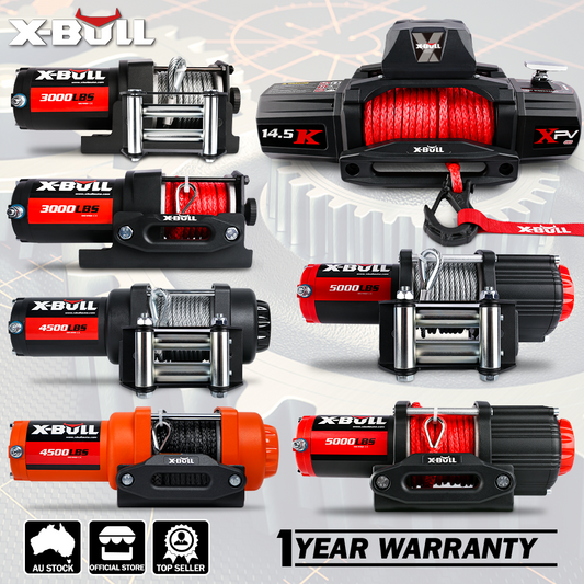 A variety of X-BULL Electric Winch 12V 3000LBS Steel Cable Wireless remote ATV UTV Boat Trailer displayed in an organized layout. Various models range in pulling capacity from 3,000 lbs to 14,500 lbs, featuring high-efficiency winch systems and ergonomic clutches. Available in black and orange color schemes, the image includes badges for "AU Stock," "Official Store," "Top Seller," and a "1 Year Warranty".